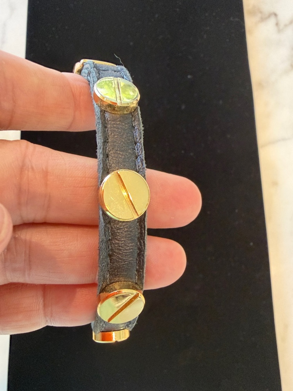 CC Gold Screw Stud Black Leather Bracelet